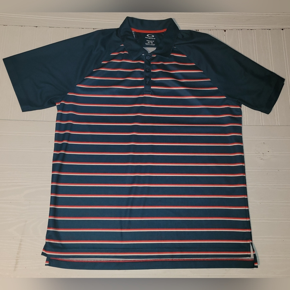 Mens Womens Oakley Regular Fit Red/White/Blue Striped Short Sleeve Polo Shirt